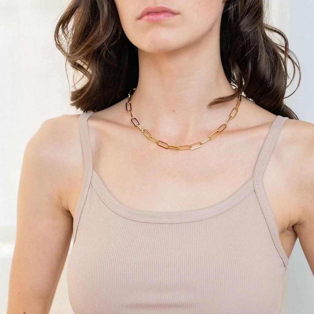 Paper Clip Chain Necklace Gold Color